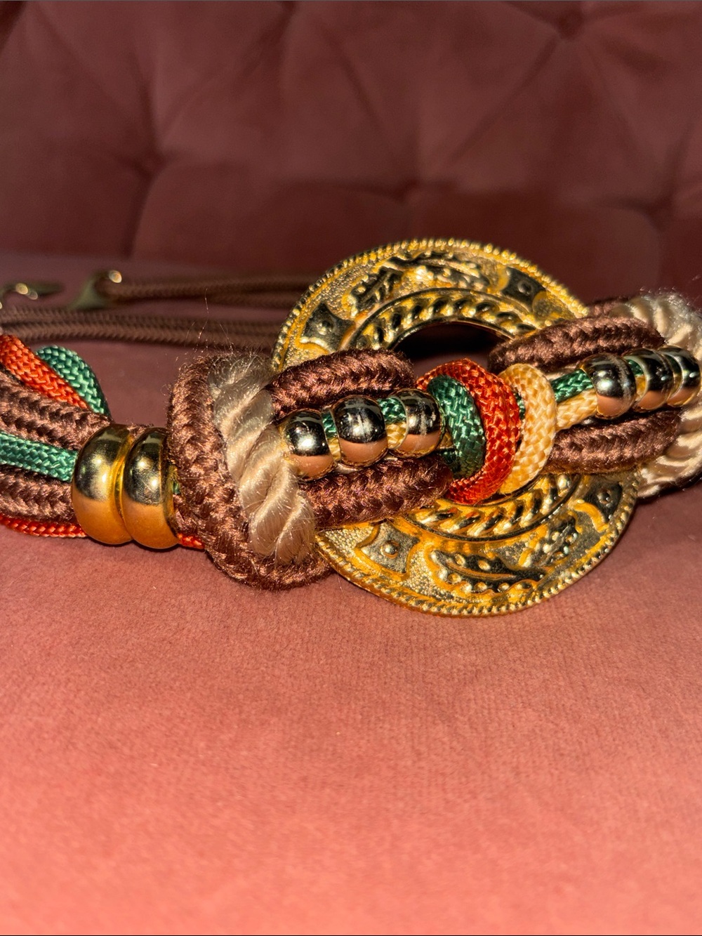 Vintage gold tone medallion belt neutral color rope beaded stretch belt small